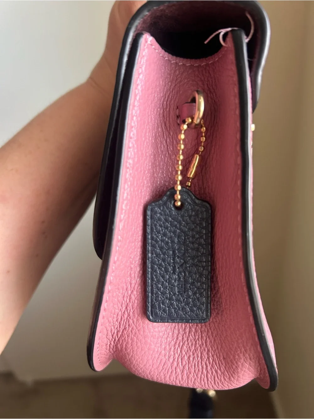 Coach Signature Remi Saddle Crossbody in navy blue and pink, classic coach